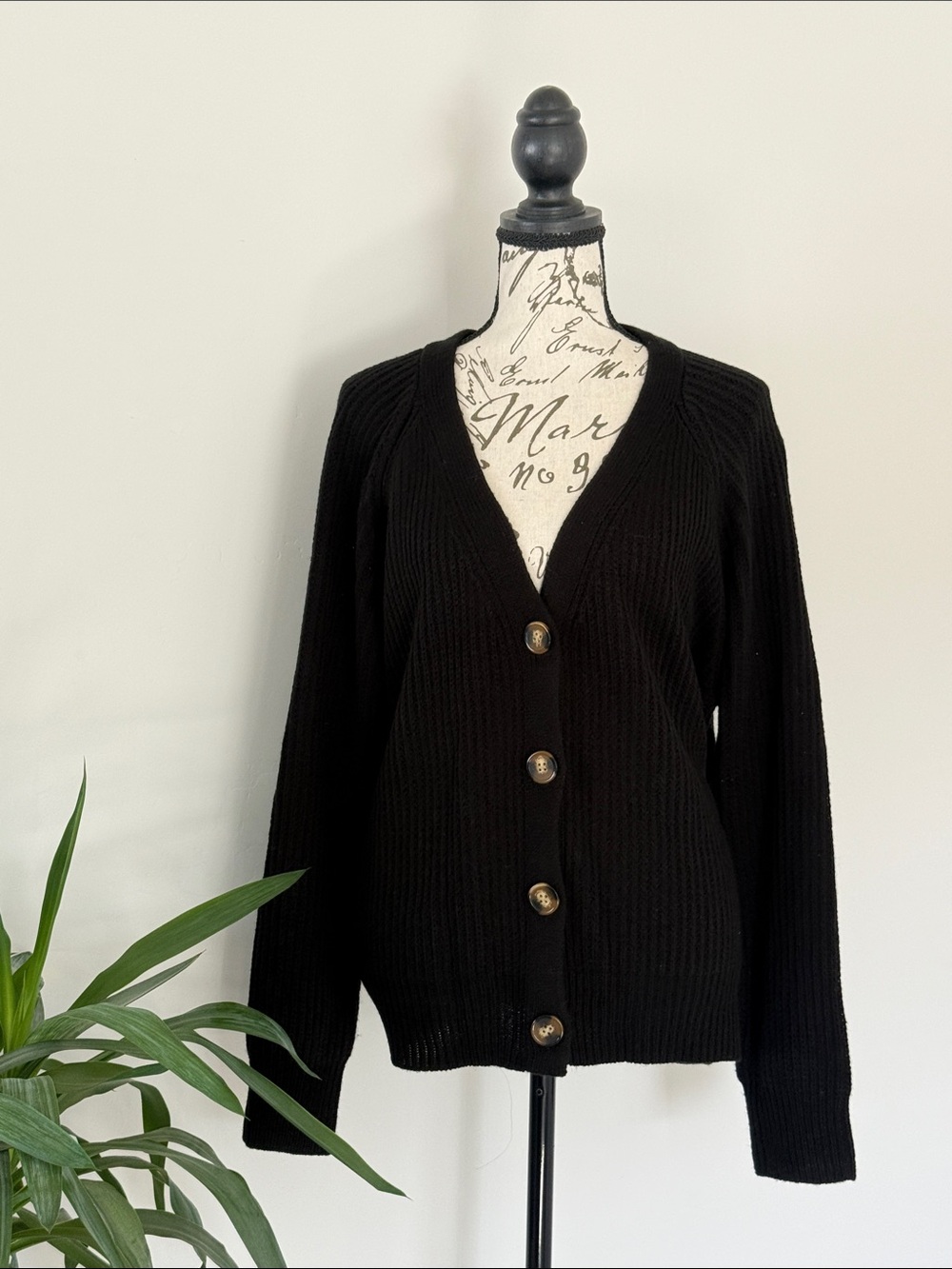 Time and Tru Black Button Front V-Neck Knit Cardigan